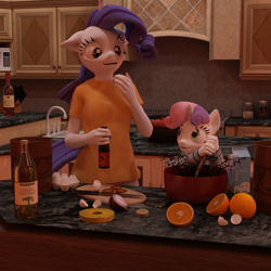 Size: 2000x2000 | Tagged: safe, artist:tahublade7, rarity, sweetie belle, anthro, 3d, apple, clothes, cooking, daz studio, egg (food), food, ketchup, kitchen, milk, olive oil, onion, orange, panties, pineapple, sauce, t-shirt, this will end in fire, tomato, underwear