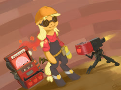 Size: 2000x1479 | Tagged: safe, artist:st-el, applejack, earth pony, pony, bipedal, clothes, crossover, dispenser, engineer, sentry, solo, team fortress 2, wrench