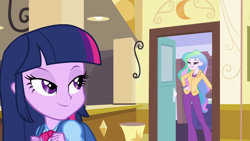 Size: 1280x720 | Tagged: safe, screencap, princess celestia, principal celestia, twilight sparkle, equestria girls, equestria girls (movie), celestia's office, lidded eyes, twismile