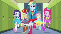 Size: 1920x1080 | Tagged: safe, derpibooru import, screencap, applejack, fluttershy, pinkie pie, rainbow dash, rarity, equestria girls, equestria girls (movie), applejack's hat, bare shoulders, clothes, cowboy hat, determined, door, dress, fall formal outfits, hallway, hat, lockers, running, sleeveless, stetson, strapless