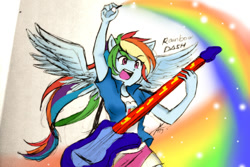 Size: 540x360 | Tagged: safe, artist:aizy-boy, derpibooru import, rainbow dash, equestria girls, rainbow rocks, electric guitar, guitar, guitar pick, ponied up, rainbow, solo