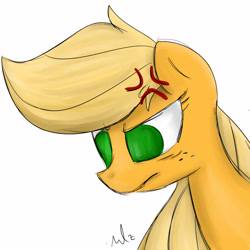 Size: 2500x2500 | Tagged: safe, artist:nadaazahraa, applejack, earth pony, pony, angry, female, mare, missing accessory, signature, simple background, solo, white background