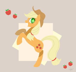 Size: 1024x967 | Tagged: safe, artist:pegasisters82, applejack, earth pony, pony, apple, rearing, simple background, solo, wingding eyes