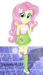 Size: 1308x2273 | Tagged: safe, artist:sumin6301, fluttershy, equestria girls, blushing, boots, breasts, clothes, dancing, female, high heel boots, raised leg, simple background, skirt, socks, solo, tanktop, transparent background, vector