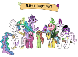 Size: 3243x2357 | Tagged: safe, artist:supahdonarudo, derpibooru import, cheerilee, doctor fauna, fleur-de-lis, lix spittle, princess celestia, prominence, tree hugger, alicorn, dog, dragon, earth pony, pony, unicorn, my little pony: the movie, banner, birthday, cake, cheeribetes, crossover, cute, dragoness, female, fleurabetes, food, hat, huggerbetes, knife, levitation, littlest pet shop, magic, mare, microphone, nicole oliver, parrot pirates, pirate, promibetes, simple background, spoon, telekinesis, transparent background, voice actor joke, zoe trent