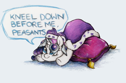 Size: 1195x788 | Tagged: safe, artist:buttersprinkle, princess platinum, rarity, pony, unicorn, clothes, crown, cushion, cute, jewelry, queen rarity, raribetes, regalia, silly, silly pony, solo, speech bubble, traditional art