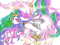 Size: 1600x1200 | Tagged: safe, artist:ronomeku, princess celestia, anthro, flying, jewelry, magic, pink coat, pink eyes, pixiv, simple background, solo, white background, white coat, windswept mane