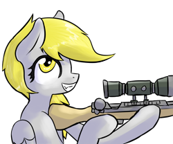 Size: 2200x1833 | Tagged: safe, artist:fluor1te, derpy hooves, pegasus, pony, bolt action, female, gun, mare, rifle, smiling, sniper rifle, solo, teeth, weapon