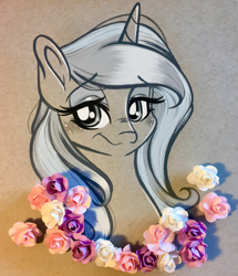 Size: 2506x2915 | Tagged: safe, artist:emberslament, derpibooru import, fleur-de-lis, pony, unicorn, blushing, colored pencil drawing, female, flower, mare, photo, simple background, traditional art
