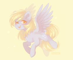 Size: 1162x947 | Tagged: safe, artist:solnuh, derpy hooves, pegasus, pony, cheek fluff, chest fluff, cute, derpabetes, ear fluff, female, leg fluff, mare, one eye closed, open mouth, simple background, solo, spread wings, wing fluff, wings, wink, yellow background