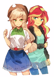 Size: 2100x3000 | Tagged: safe, artist:瑞博, applejack, sunset shimmer, human, equestria girls, applejack's hat, belt, clothes, cowboy hat, denim skirt, duo, female, freckles, hat, jacket, leather, leather jacket, looking at you, pants, shirt, simple background, skirt, smiling, stetson, white background