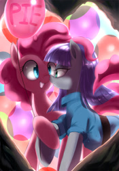 Size: 1400x2000 | Tagged: safe, artist:caibaoreturn, maud pie, pinkie pie, earth pony, pony, balloon, boop, female, noseboop, pixiv, sisters