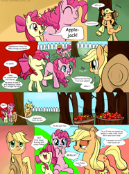 Size: 1024x1380 | Tagged: safe, artist:sorenhero, apple bloom, applejack, pinkie pie, earth pony, pony, pinkie apple pie, :3, apple, applebucking, comic