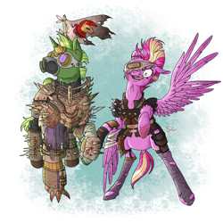 Size: 2000x2000 | Tagged: safe, artist:sourcherry, oc, oc only, pegasus, pony, unicorn, fallout equestria, broken wing, clothes, couple, female, flag, flagpole, hoof hold, male, mare, mutant manual, raider, raider armor, raised hoof, rearing, spikes, spread wings, stallion, stockings, thigh highs