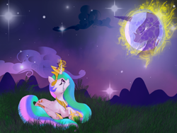 Size: 1600x1200 | Tagged: safe, artist:kanon-suke, princess celestia, princess luna, alicorn, pony, crying, grass, looking up, magic, moon, moonrise, prone, s1 luna, stars, twilight (astronomy)