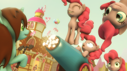 Size: 3200x1800 | Tagged: safe, artist:uselesscloude, pinkie pie, oc, earth pony, pony, too many pinkie pies, 3d, axe, balloon, blood, clone, eyes on the prize, female, fun fun fun, mare, nosebleed, party cannon, source filmmaker, sugarcube corner