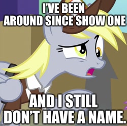 Size: 729x720 | Tagged: safe, edit, edited screencap, screencap, derpy hooves, spike, dragon, pegasus, pony, the point of no return, box, caption, cardboard box, clothes, cropped, female, hat, image macro, imgflip, impact font, male, mare, offscreen character, op is a slowpoke, package, raised eyebrow, raised hoof, solo, solo focus, text, that one nameless background pony we all know and love, veggietales