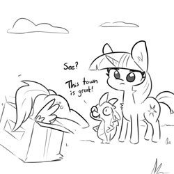 Size: 1080x1080 | Tagged: safe, artist:tjpones, derpy hooves, spike, twilight sparkle, unicorn twilight, dragon, pegasus, pony, unicorn, bubble butt, butt, cardboard box, cloud, ear fluff, monochrome, plot