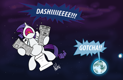 Size: 1279x828 | Tagged: safe, artist:ladyanidraws, rarity, pony, unicorn, 28 pranks later, but why, dialogue, implied rainbow dash, moon, newspaper, nose in the air, planet, space, toilet