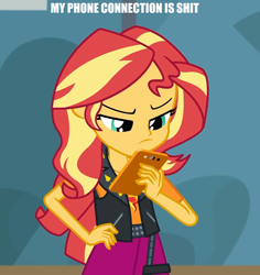 Size: 1014x1076 | Tagged: safe, edit, edited screencap, screencap, sunset shimmer, better together, driving miss shimmer, driving miss shimmer: rarity, equestria girls, caption, cellphone, cropped, female, frown, image macro, meme, phone, smartphone, solo, text, vulgar