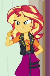 Size: 327x495 | Tagged: safe, screencap, sunset shimmer, better together, constructive criticism, equestria girls, bedroom eyes, clothes, cropped, female, geode of empathy, jacket, leather, leather jacket, magical geodes, raised eyebrow, shirt, shoulderless shirt, skirt, smiling, solo