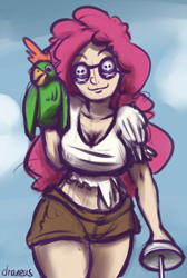 Size: 528x785 | Tagged: safe, artist:draneas, pinkie pie, human, parrot, 30 minute art challenge, eyepatch, hand puppet, humanized, pirate, puppet, solo, sword