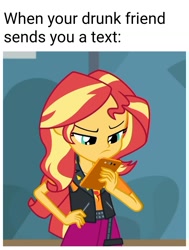 Size: 1080x1425 | Tagged: safe, edit, edited screencap, editor:apex soundwave, screencap, sunset shimmer, better together, equestria girls, caption, concentrating, confused, hands on hip, hands on waist, image macro, meme, phone, solo, text