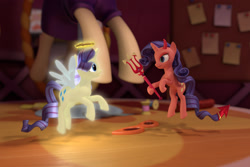 Size: 1920x1280 | Tagged: safe, artist:meshnotfound, rarity, pony, unicorn, 3d, angel rarity, blender, carousel boutique, devil rarity, fabric, glasses, halo, haylo, mannequin, pitchfork, ponyquin, shoulder angel, shoulder devil, spool, sticky note