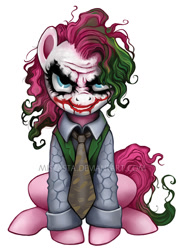 Size: 400x557 | Tagged: safe, artist:miszasta, pinkie pie, earth pony, pony, crossover, heath ledger, pinkie joker, simple background, smiling, solo, the dark knight, the joker, white background, why so serious?