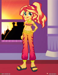 Size: 3090x4000 | Tagged: safe, artist:dieart77, sunset shimmer, equestria girls, absurd resolution, alternate hairstyle, armlet, belly button, belly dancer, belly dancer outfit, bracelet, clothes, commission, feet, female, jewelry, midriff, necklace, open mouth, outfit, sandals, saudi arabia, solo