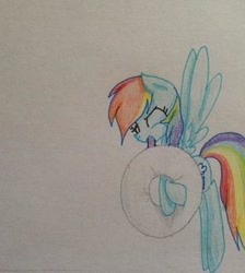 Size: 296x330 | Tagged: safe, artist:rainbowrules, derpibooru import, rainbow dash, pegasus, pony, blowing, floaty, flying, implied sweetie belle, inflating, inner tube, pool toy, puffy cheeks, solo, spread wings, swimming pool, traditional art, wink