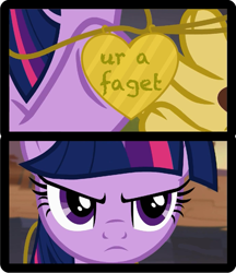 Size: 519x600 | Tagged: safe, derpibooru import, twilight sparkle, twilight sparkle (alicorn), alicorn, season 4, three's a crowd, discord's pendant, exploitable meme, meme, unamused, ur a faget, vulgar