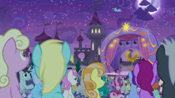 Size: 1920x1080 | Tagged: safe, derpibooru import, screencap, auburn vision, berry blend, berry bliss, cheerilee, citrine spark, dark moon, fancypants, fire quacker, fleur-de-lis, florina tart, golden crust, graphite, junebug, linky, millie, neon lights, november rain, peppermint goldylinks, ponet, rainbow dash, rising star, roseluck, sassaflash, shoeshine, star bright, twilight sparkle, twilight sparkle (alicorn), twinkleshine, written script, alicorn, earth pony, pegasus, pony, unicorn, the summer sun setback, apple family member, audience, aura, background pony, background pony audience, buddy, canterlot, castle, cloud, female, flying, folded wings, friendship student, glowing horn, horn, magic, male, microphone, microphone stand, night, open mouth, raised hoof, smiling, speakers, stage, talking, telekinesis, underhoof, wings