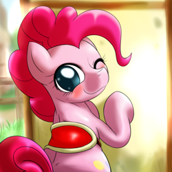 Size: 1000x1000 | Tagged: safe, artist:ushiro no kukan, pinkie pie, earth pony, pony, cute, diapinkes, looking back, saddle, solo, wink