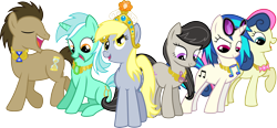 Size: 3490x1617 | Tagged: safe, alternate version, artist:jaybugjimmies, bon bon, derpy hooves, dj pon-3, doctor whooves, lyra heartstrings, octavia melody, sweetie drops, vinyl scratch, earth pony, pegasus, pony, unicorn, alternate mane six, background pony, background six, big crown thingy, crown, element of magic, elements of harmony, eyes closed, female, jewelry, male, mare, open mouth, regalia, simple background, sitting, stallion, sunglasses, transparent background, vector