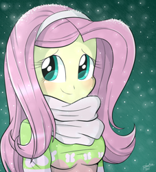 Size: 960x1056 | Tagged: safe, artist:riouku, fluttershy, equestria girls, blushing, clothes, cute, earmuffs, female, scarf, shyabetes, snow, snowfall, solo, winter