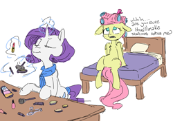 Size: 1997x1402 | Tagged: safe, artist:nobody, fluttershy, rarity, pegasus, pony, unicorn, braces, hair curlers, makeover, makeup, teenager