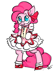 Size: 1500x2000 | Tagged: source needed, safe, artist:kinkiepinkiepie, pinkie pie, pony, bipedal, clothes, cosplay, cute, diapinkes, dress, looking at you, madoka, no pupils, simple background, smiling, solo, standing, transparent background