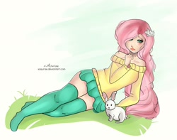 Size: 1280x1007 | Tagged: safe, artist:xasurae, angel bunny, fluttershy, human, clothes, humanized, off shoulder, solo, sweater, sweatershy