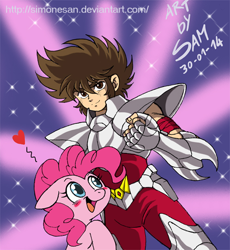 Size: 498x541 | Tagged: safe, artist:simonesan, pinkie pie, human, crack shipping, crossover, heart, saint seiya