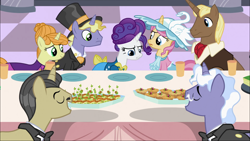 Size: 1920x1080 | Tagged: safe, screencap, chocolate sun, earl grey, ponet, primrose, pristine, rarity, swan dive, swan song, pony, unicorn, sweet and elite, clothes, female, food, hat, hors d'oeuvre, male, mare, rarity looking at food, stallion, table, top hat, waiter