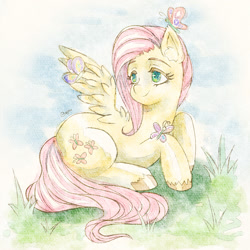 Size: 1600x1600 | Tagged: safe, artist:gojou404, fluttershy, butterfly, pegasus, pony, female, mare, solo