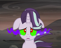 Size: 1434x1135 | Tagged: safe, artist:mlp-lolada, starlight glimmer, pony, alternate timeline, ashlands timeline, barren, crying, floppy ears, implied genocide, post-apocalyptic, show accurate, solo, sombra eyes, wasteland