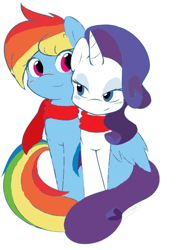 Size: 854x1116 | Tagged: safe, artist:ambris, artist:fionnin4ever, derpibooru import, rainbow dash, rarity, pegasus, pony, unicorn, clothes, female, hug, lesbian, raridash, scarf, shipping, winghug