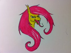 Size: 2592x1936 | Tagged: dead source, safe, artist:lordvader914, fluttershy, flutterbat, looking at you, solo, tongue out, traditional art