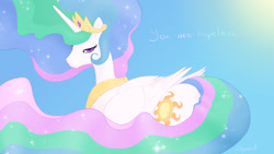 Size: 2560x1440 | Tagged: safe, artist:arareroll, princess celestia, alicorn, pony, bedroom eyes, cute, cutelestia, dialogue, female, looking at you, looking back, mare, prone, smiling, solo, sunbutt