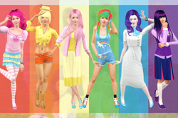 Size: 600x400 | Tagged: safe, artist:raincats16, derpibooru import, applejack, fluttershy, pinkie pie, rainbow dash, rarity, twilight sparkle, human, belly button, clothes, dress, humanized, mane six, midriff, skirt, tanktop, the sims