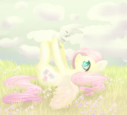 Size: 2200x2000 | Tagged: safe, artist:sophieeboom, angel bunny, fluttershy, pegasus, pony, bright, grass, holding, hoof hold, on back, solo, spread wings, wings