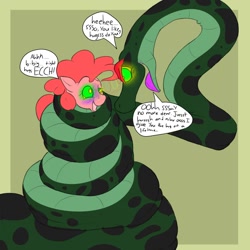 Size: 1280x1280 | Tagged: safe, artist:dafoxy, pinkie pie, earth pony, pony, snake, asphyxiation, choking, coils, dialogue, fetish, imminent death, imminent vore, kaa, kaa eyes, mind control, peril