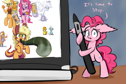 Size: 1280x853 | Tagged: safe, artist:heir-of-rick, derpibooru import, applejack, fleetfoot, pinkie pie, spitfire, anthro, centaur, monster pony, original species, tatzlpony, anthro centaur, body pillow, centaurjack, computer, cute, diapinkes, floppy ears, impossibly large ears, it's time to stop, limbless, motorcycle, pen, species swap, tatzljack, tentacle tongue, tentacles